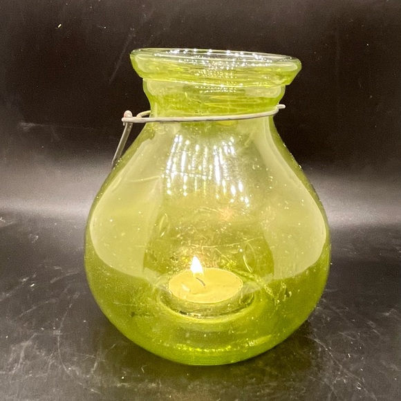 Outdoor glass tea light hanging lantern globe yellow bulbous indent candle - Picture 4 of 13